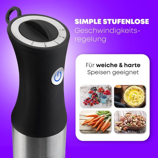Stafmixer 1000 Watt Roestvrij Staal met Extra Lange Steel en Snelheidsregeling van Merkloos — afbeelding 2
