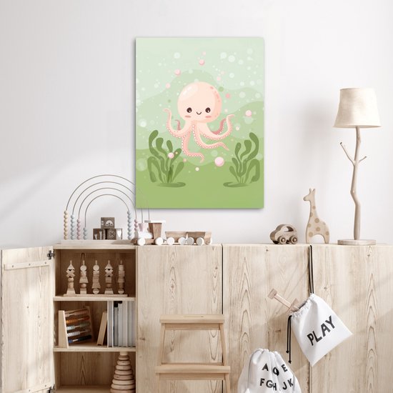Peinture sur toile 50x70 cm - Décoration murale chambre enfant Poulpe - Animaux aquatiques - Vert - Sous-marin - Décoration murale chambre bébé - Décoration chambre garçon et fille - Accessoires Bébé - Peintures
