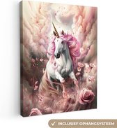 Canvas schilderij 90x120 cm - Wanddecoratie Eenhoorn - Meisje - Roze - Bloemen - Sprookje - Muurdecoratie tienerkamer - Kamer decoratie voor tieners - Tiener jeugdkamer accessoires - Slaapkamer schilderijen
