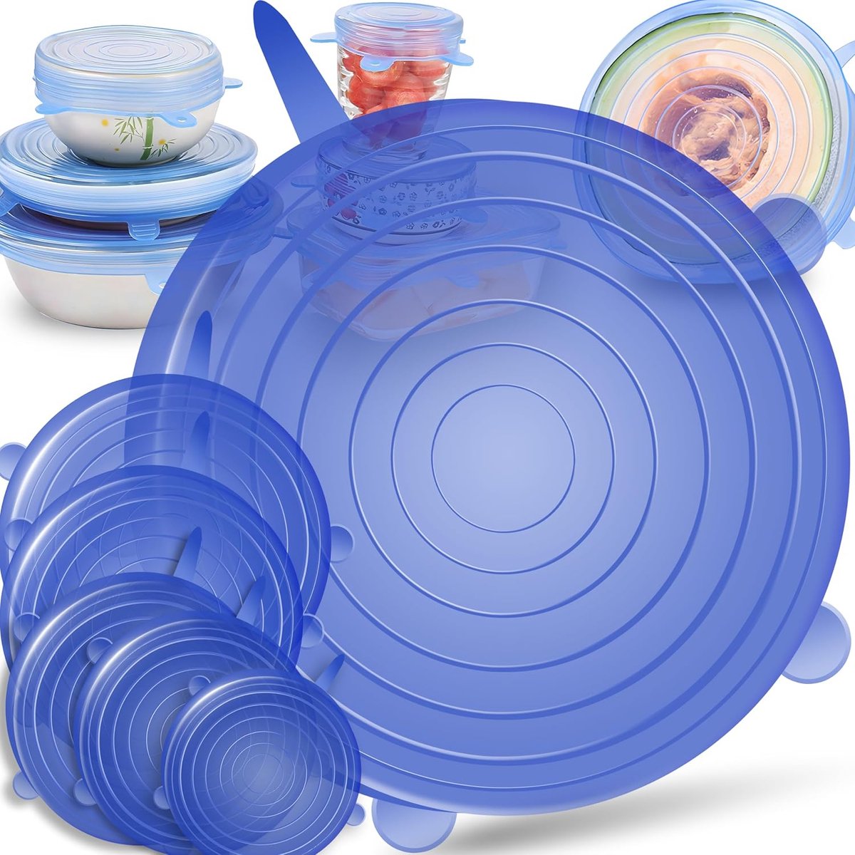 Herbruikbare silicone deksel Siliconen deksels set van 6 stuks verschillende maten rekbaar siliconen deksel stretch deksel herbruikbaar voor schotels potten glazen blikjes bekers bierflessen rond rechthoekig