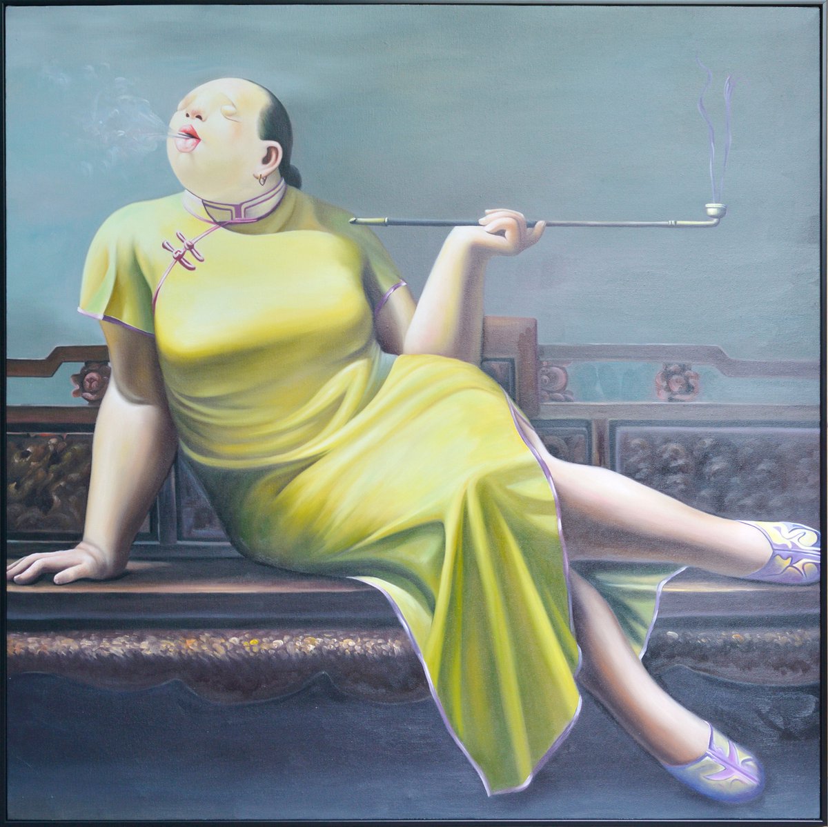 Fine Asianliving Olieverf Schilderij 100% Handgeschilderd Zwarte Omlijsting 100x100cm Chinese Vrouw met Sigaar Qipao Geel