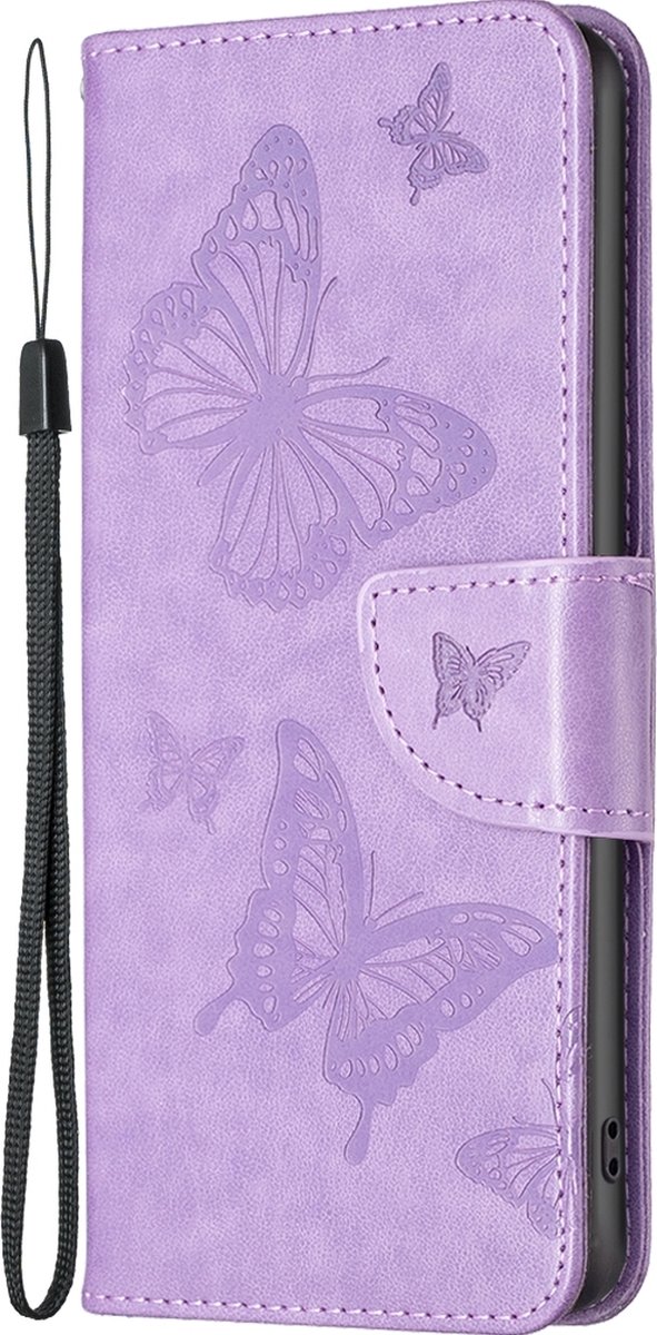 Mobigear Telefoonhoesje geschikt voor Apple iPhone 16 Pro Hoesje | Mobigear Butterfly Bookcase Portemonnee | Pasjeshouder voor 2 Pasjes | Telefoonhoesje voor Pinpas / OV Kaart / Rijbewijs - Paars