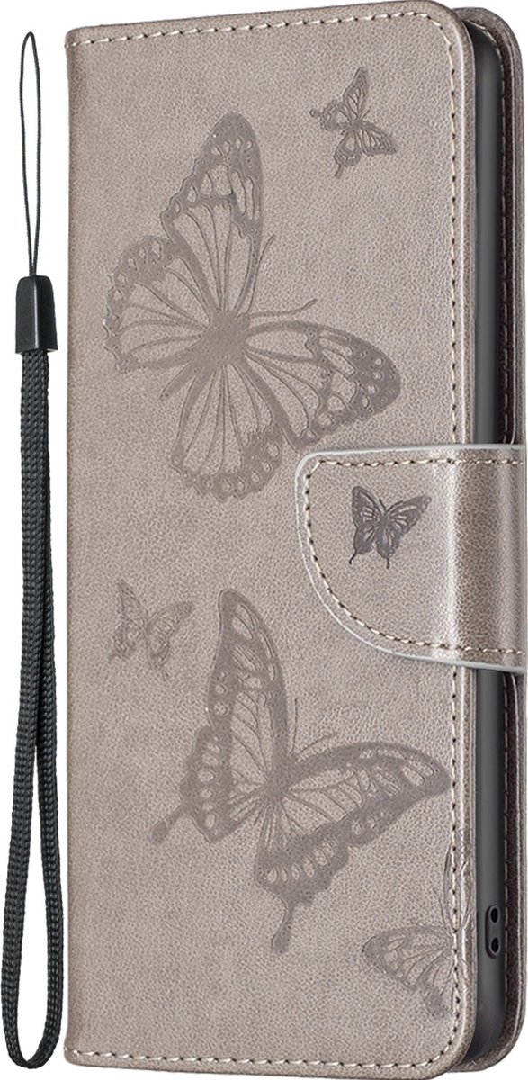 Mobigear Telefoonhoesje geschikt voor Apple iPhone 16 Pro Max Hoesje | Mobigear Butterfly Bookcase Portemonnee | Pasjeshouder voor 2 Pasjes | Telefoonhoesje voor Pinpas / OV Kaart / Rijbewijs - Grijs
