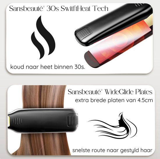 Fer à lisser Sansbeauté avec plaques extra larges de 4.5cm, chauffe en 30s. Le chemin le plus rapide vers des cheveux coiffés.