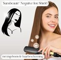 Fer à lisser Sansbeauté Negative Ion Shield avec protection capillaire intégrée. Une femme se coiffe les cheveux.