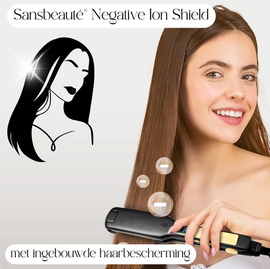 Fer à lisser Sansbeauté Negative Ion Shield avec protection capillaire intégrée. Une femme se coiffe les cheveux.