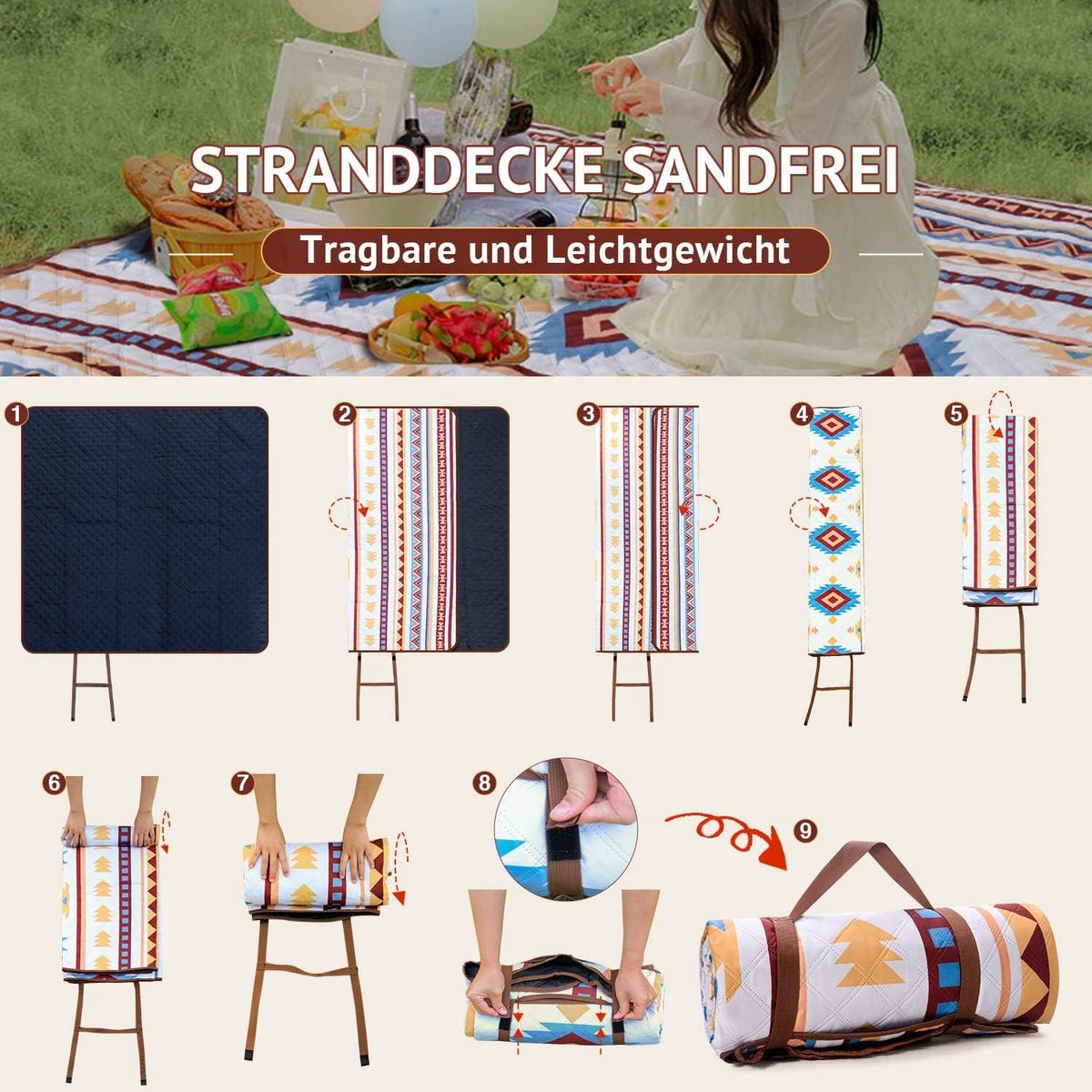 LIFERUN 200 x 300 cm, machinewasbaar, XXL picknickdeken, extra groot, opvouwbare picknickdeken voor maximaal 14 personen, stranddeken en campingdeken met draaggreep, groen gestreept