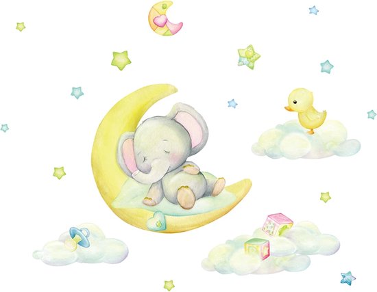 Un adorable éléphant aquarelle dort sur un croissant de lune jaune, entouré de nuages, d'étoiles et d'un petit canard.