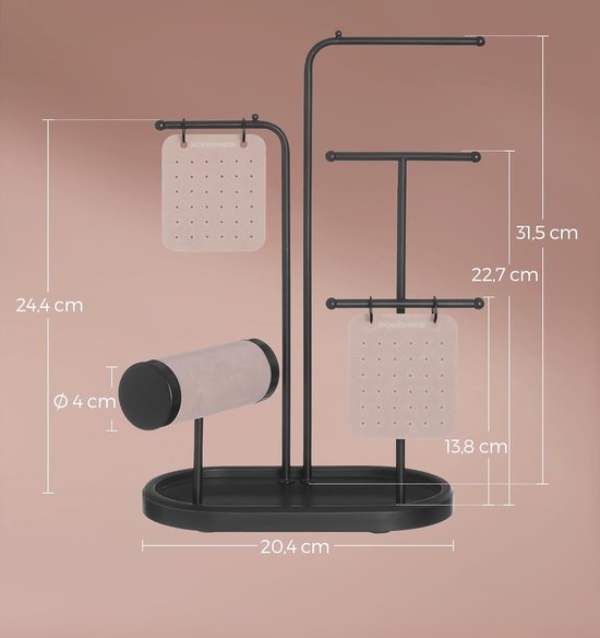 SONGMICS Sieradenstandaard, sieradenhouder, metalen frame, fluwelen sieradenlade, sieradenopslag voor kettingen armbanden oorbellen stekers ringen, cadeau-idee, mat wit-kameelbruin JJS028W01 SONGMICS Sieradenstandaard, sieradenhouder, metalen frame, fluwelen sieradenlade, sieradenopslag voor kettingen armbanden oorbellen stekers ringen, cadeau-idee, mat wit-kameelbruin JJS028W01