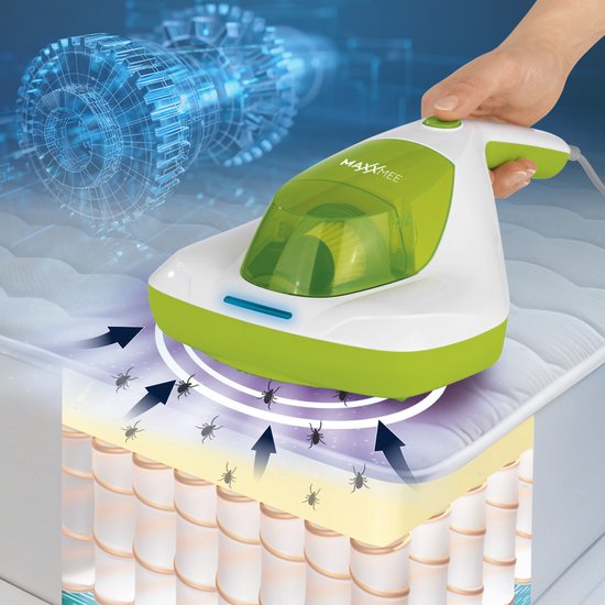 MAXXMEE Mijt handstofzuiger incl. anti-mijtspray | Antimijtzuiger met UV-C licht, vernietigt 99,9% van de mijten | Matraszuiger incl. HEPA filter en 250 ml stofreservoir [limoengroen