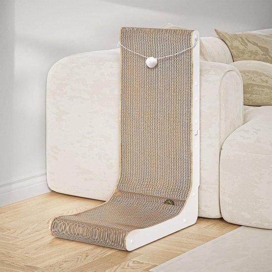 Gimars 68 cm dikke L-vormige krabpaal met pluche ballen en kattenkruid, groot formaat van karton om aan de muur te bevestigen, speelgoed ter bescherming van meubels