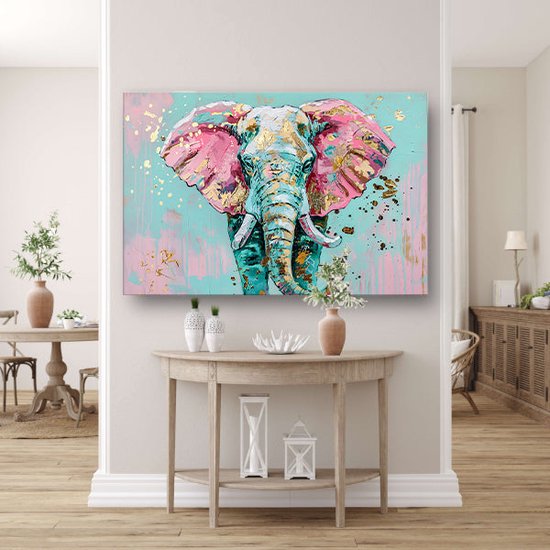 Olifant portret - Dieren schilderijen - Canvas schilderij Spetters - Wanddecoratie landelijk - Canvas keuken - Woonkamer accessoires canvas 70x50 cm