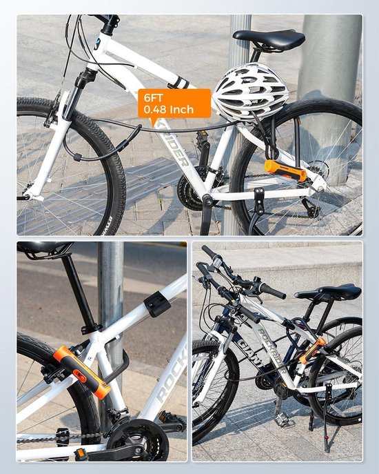 Sportneer Fietsslot, 18 mm, robuust, groot formaat met 1,8 m hoge veiligheid stalen kabel, verstelbare montagebeugel en sleutelslot voor fietsen (U-slot