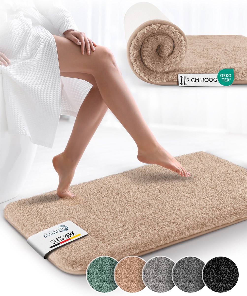 Beautissu BeauMare FL – Badmat Antislip 120x70 cm Natuur – Hoogpolig Tapijt – Voor Vloerve