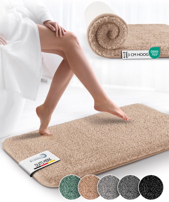 Beautissu BeauMare FL – Badmat Antislip 120x70 cm Natuur – Hoogpolig Tapijt – Voor Vloerverwarming – Zacht Badmat voor Douche Badkuip WC
