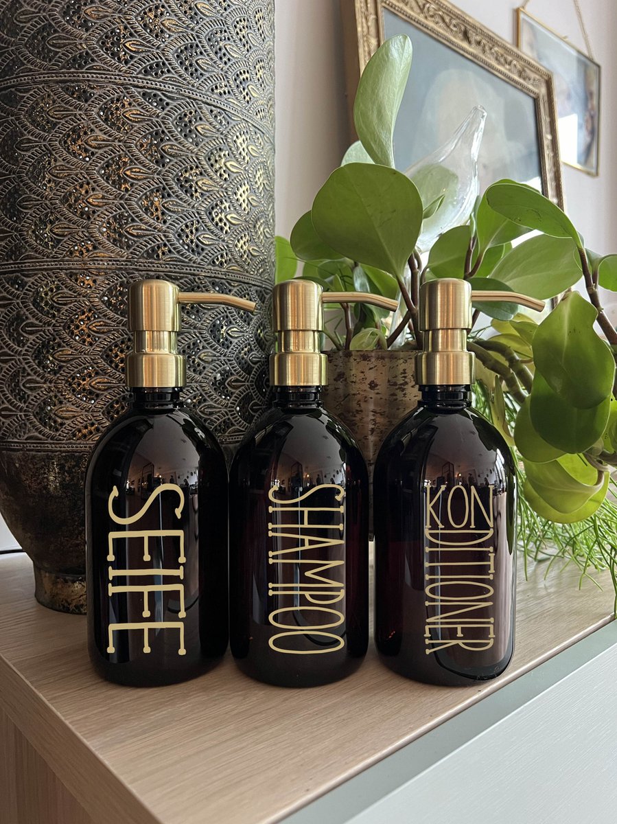 BBBLS® Design Dispenser Giftset "Seife Shampoo Konditioner" | Bruin Kunststof | 500ml | RVS / Metaal Pomp Goud | Zeeppomp | Zeepdispenser | Zeephouder