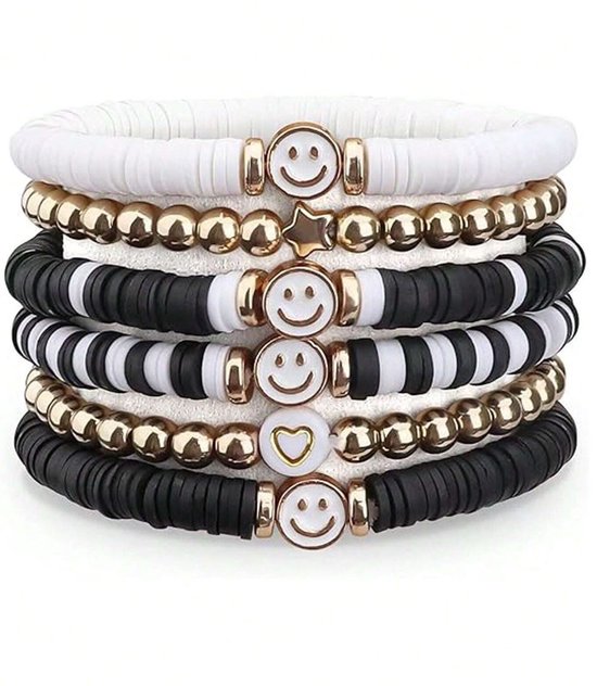 Foto: 6 stuks armbanden zwart wit goudkleur smiley polymeer kralen