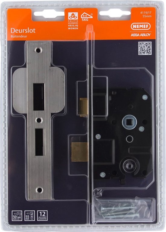 Nemef deurslot 4119/17 SKG2 voor buitendeuren, verpakt in plastic. Zwarte behuizing, messing pallen, rechthoekige sluitplaat.