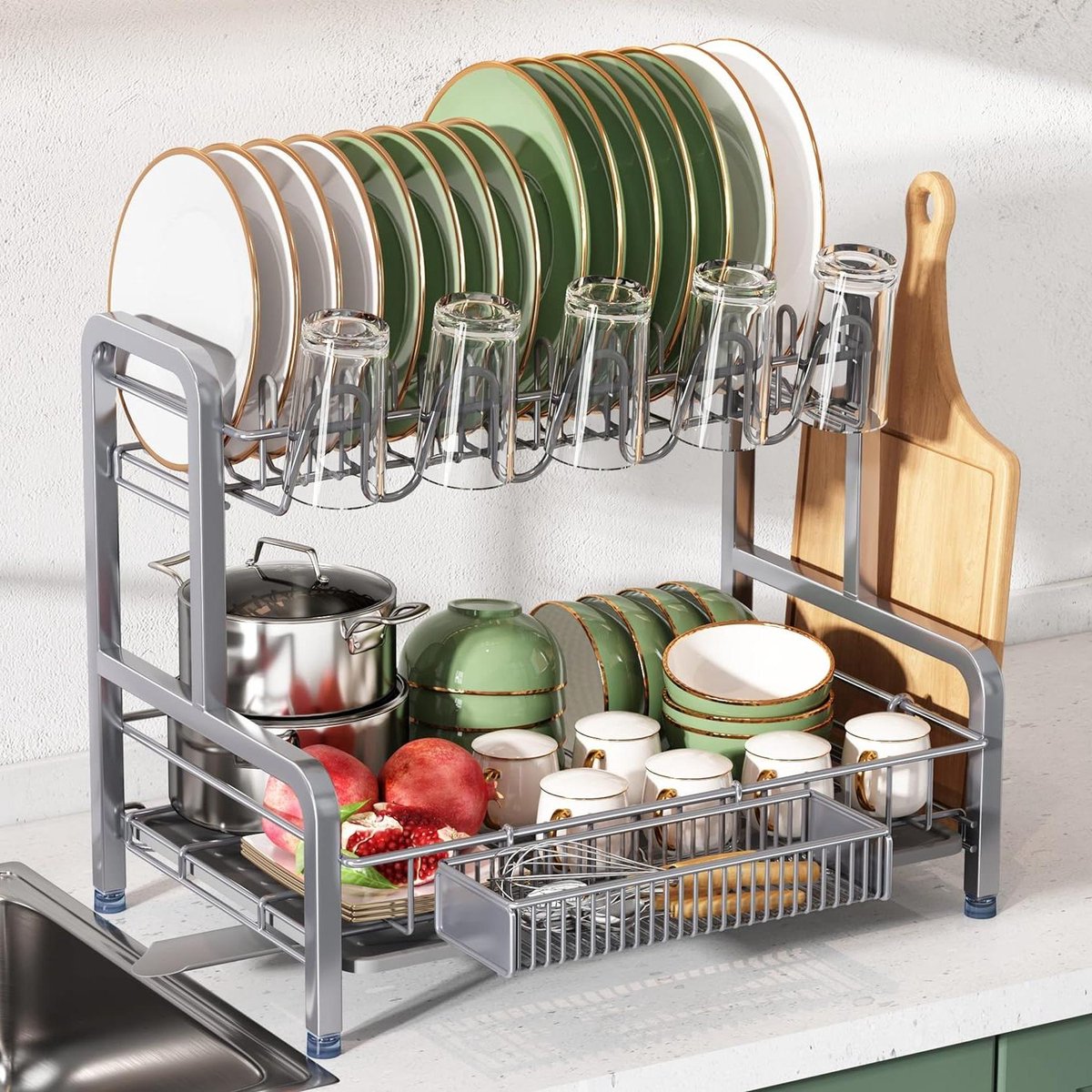 Goedkoopste Afdruiprek met 2 niveaus 304 roestvrij staal - groot afdruiprek met gebruiksvoorwerpen bekerhouder - zwart dish drying rack