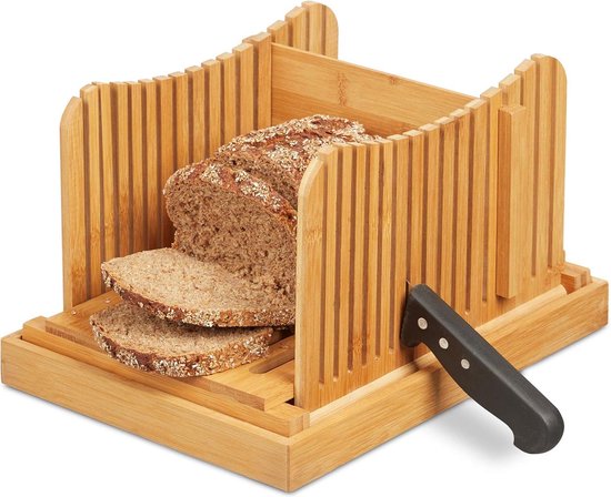 Foto: Verstelbare broodsnijder bamboe snijhulp boord toast cake kruimelvak natuur bread slicer