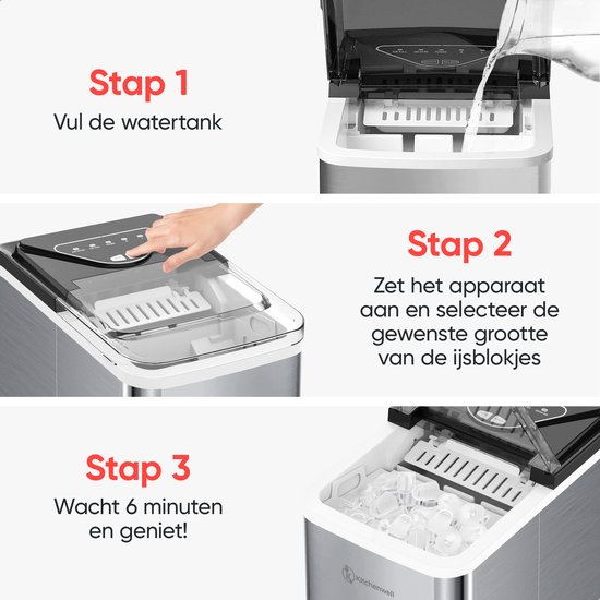 Kitchenwell IJsblokjesmachine - 2L - IJsblokjesmaker met IJsschep - 12kg/24 uur - Zelfreinigingsfunctie - Zilver van Kitchenwell — afbeelding 5
