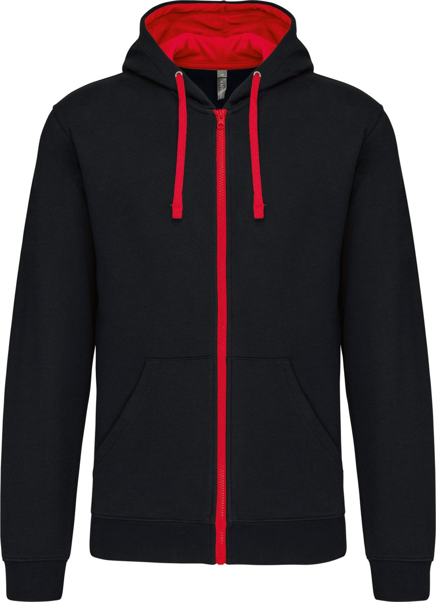 Kariban Herensweater met rits en capuchon in contrasterende kleur K466 - BLACK / RED - XXL