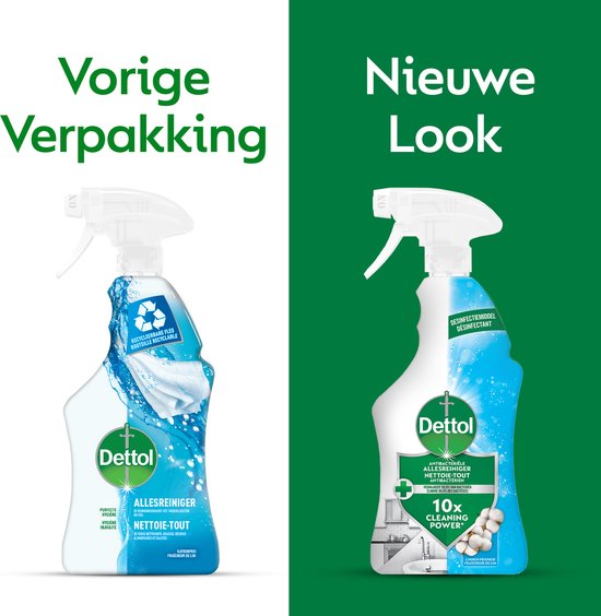 Comparaison de l'ancienne et de la nouvelle conception de l'emballage du spray nettoyant tout usage antibactérien Dettol.