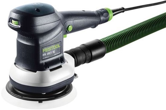 Festool excentrische schuurmachine ETS 150/5 EQ, zwart en wit met groene accenten, met stofafzuigslang.