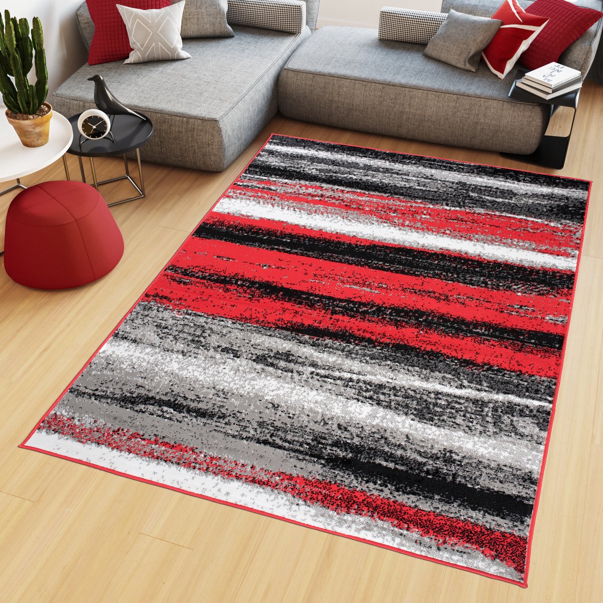 Tapiso Maya Vloerkleed Grijs Tapijt Woonkamer Rood Kleed Maat- 80x150 Zwart Grijs Rood