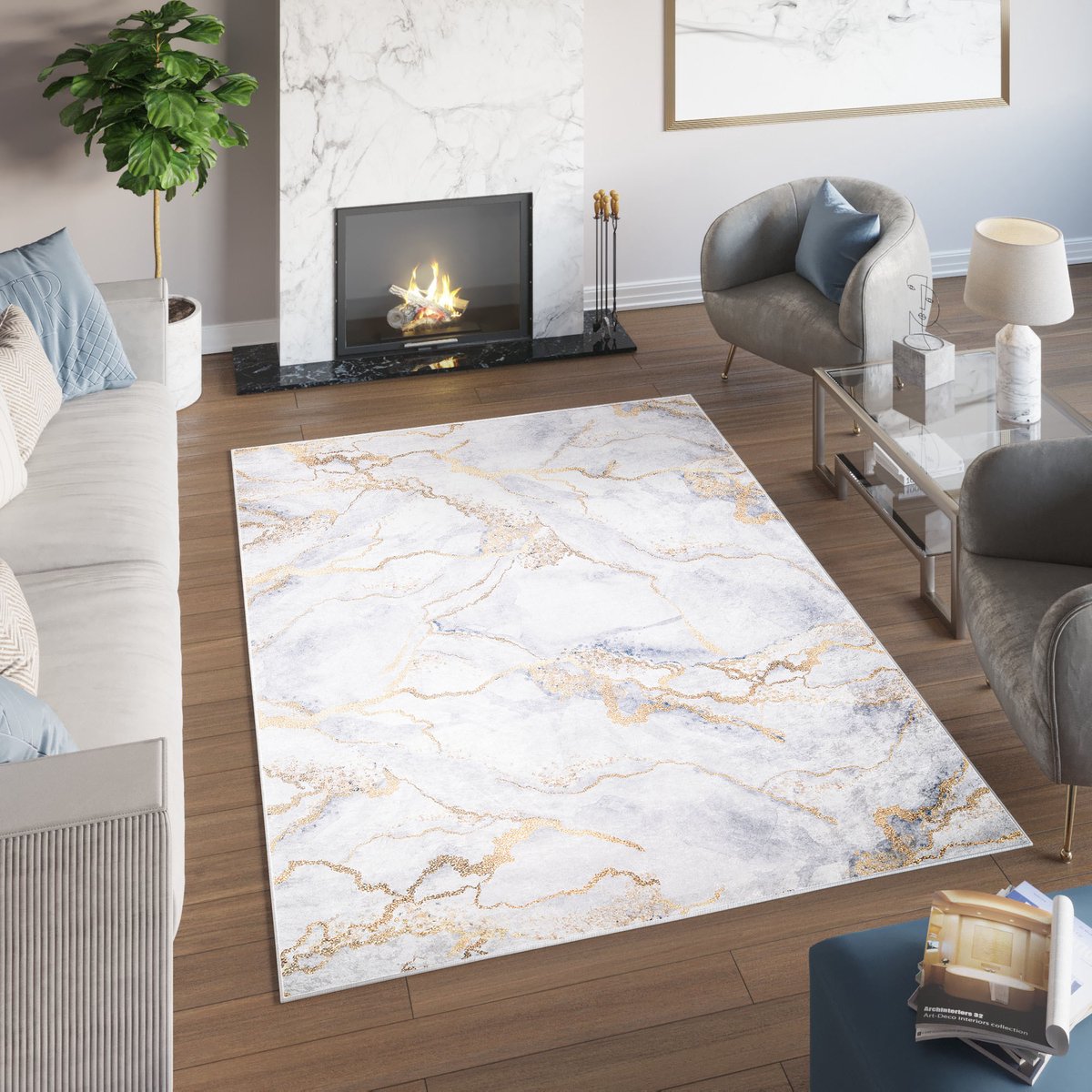Tapiso Toscana Vloerkleed Grijs Gouden Marmer Karpet Tapijt Maat- 140x200 Lichtgrijs
