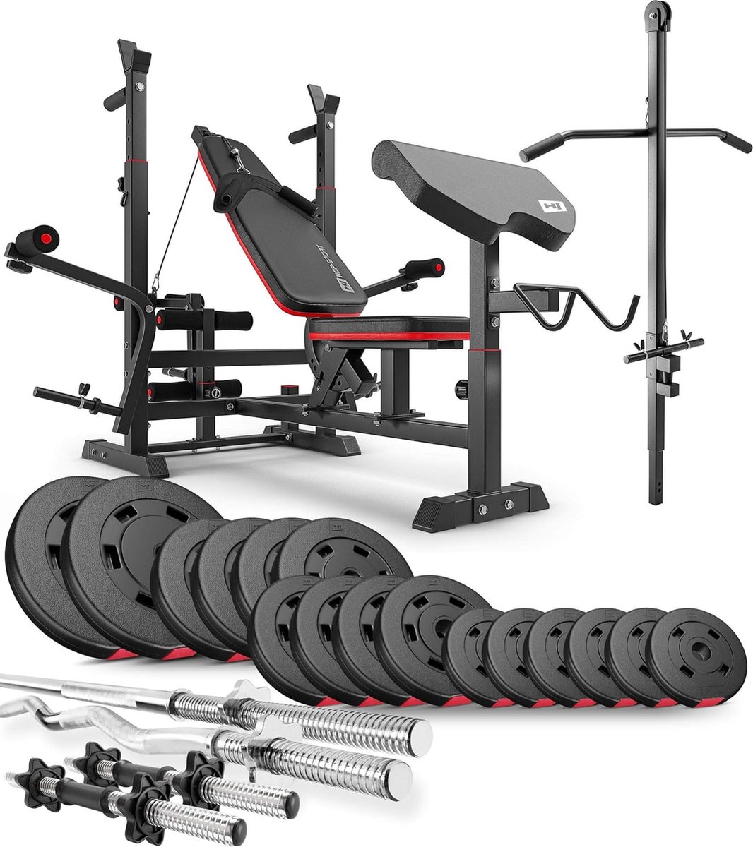 Hop-Sport Halterbank Krachtstation HS-1075 – Verstelbare Trainingsbank met Lange Halter, Curlstang, Korte Halters & 75 kg Gewichten voor Complete Krachttraining