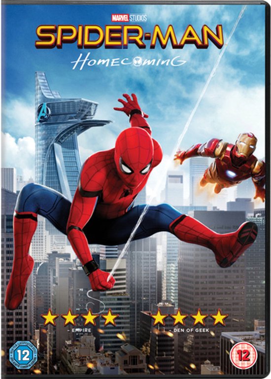 Spider-Man: Homecoming filmhoes met Spider-Man in rood/blauw pak die naar beneden springt, Iron Man vliegt op de achtergrond, New York stad.