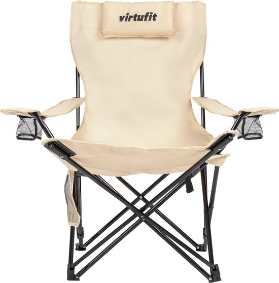 VirtuFit Opvouwbare Camping Stoel met Voetsteun - Strandstoel - Beige - Inclusief Draagtas, Bekerhouder en Opbergvak — afbeelding 5