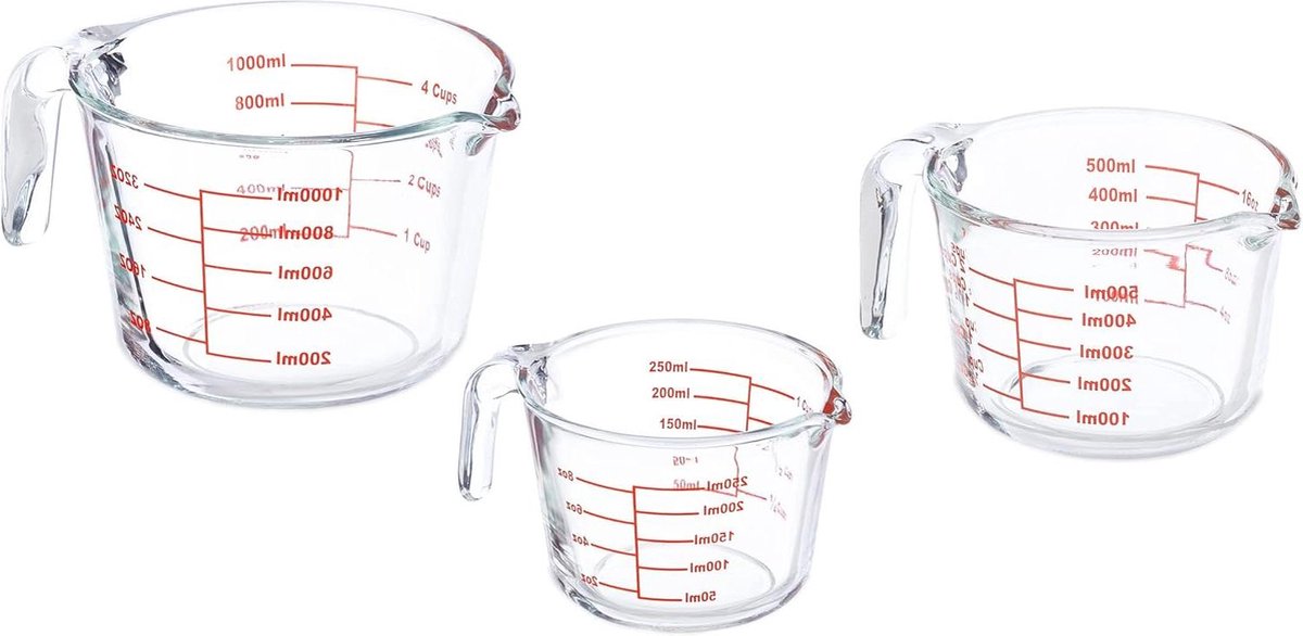 Maatbeker set van 3 250 ml 500 ml 1L hittebestendig mag in microgolfoven transparant Measuring cup