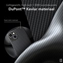 Super sterk materiaal: DuPont Kevlar aramidevezels 1500D in een telefoonhoesje met koolstofvezelpatroon.