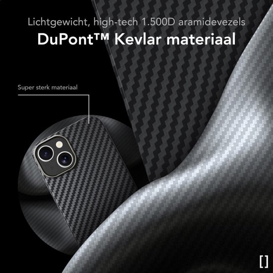 Super sterk materiaal: DuPont Kevlar aramidevezels 1500D in een telefoonhoesje met koolstofvezelpatroon.