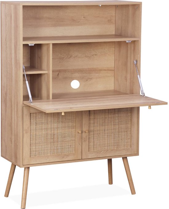 sweeek - Bureau, 2 rieten deuren, legplanken, houteffect, sparrenhouten poten