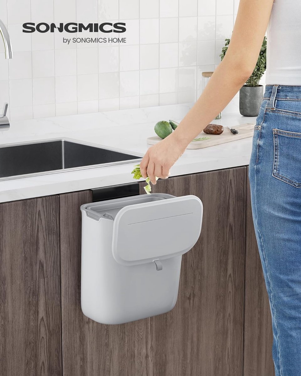 Afvalbak hangend 9 liter afvalbak compostbak keuken met deksel afvalbak om op te hangen wandbevestiging haken om op te hangen en te plakken op kastdeur grijs LTB820G9