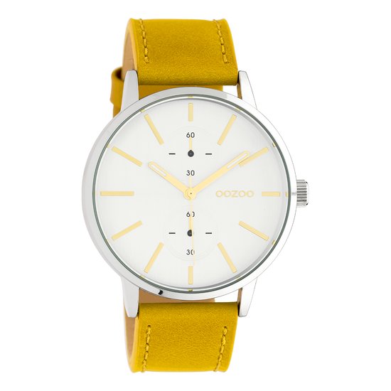 OOZOO Timepieces - Zilverkleurige horloge met mosterd gele leren band - C10585