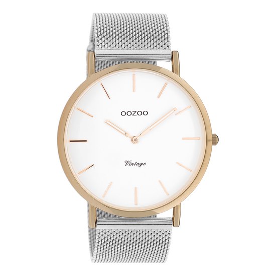 OOZOO Timepieces - Rosé goudkleurige horloge met zilverkleurige metalen mesh armband - C20070