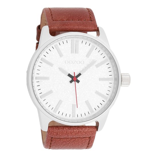OOZOO Timepieces - Zilverkleurige horloge met bruine leren band - C9060