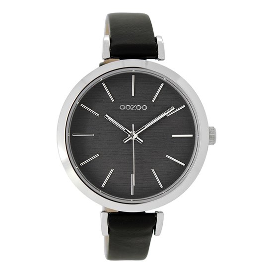 OOZOO Timepieces - Zilverkleurige horloge met zwarte leren band - C9139
