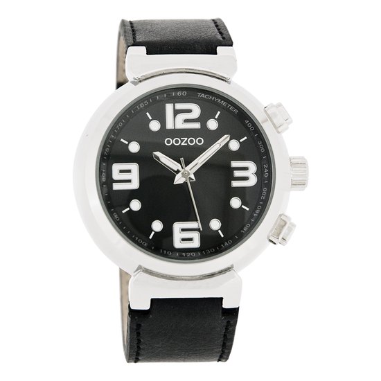 OOZOO Timepieces - Zilverkleurige horloge met zwarte leren band - C4254