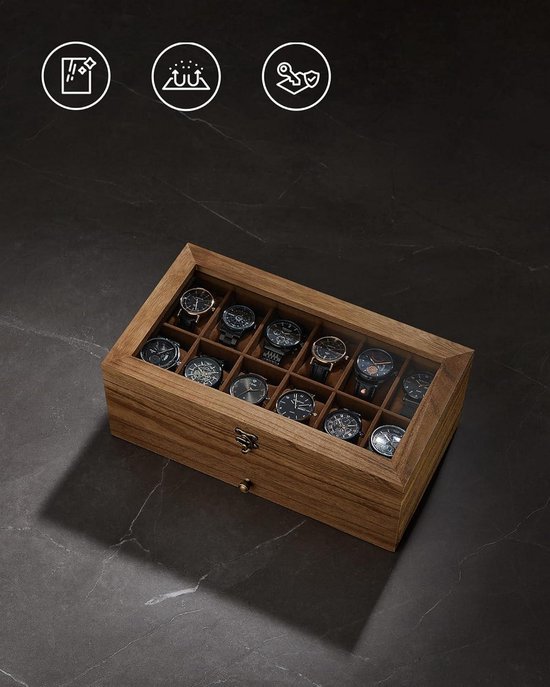 SAMISO Horlogebox met 12 vakken,Horlogedoos met glazen deksel,horlogekast met afneembare horlogekussens-horlogedoos organizer voor mannen en vrouwen-cadeau voor je geliefden-zwart