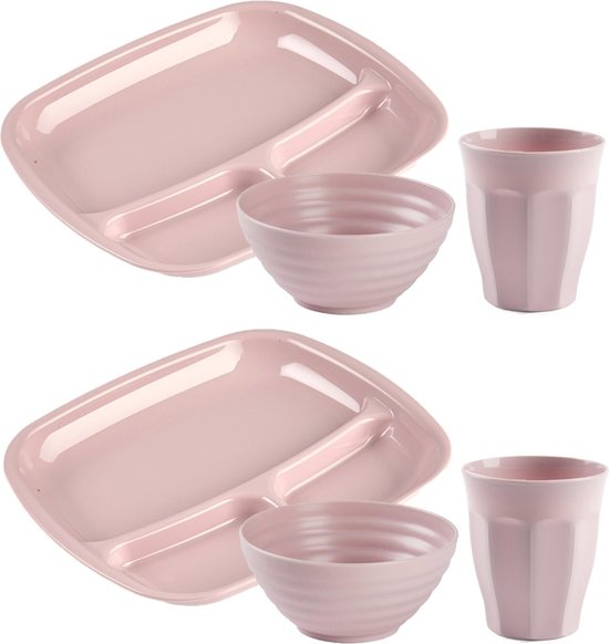 Plasticforte Camping Services de table 18 pièces - plastique - rose - 6x assiettes à compartiments/6x gobelets/6x bols - incassable