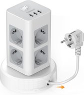 TESSAN 8-Way Power Strip with Retractable Extension Cable and USB Ports - Tower Design, 2M Extension Cord - Home Junction Box