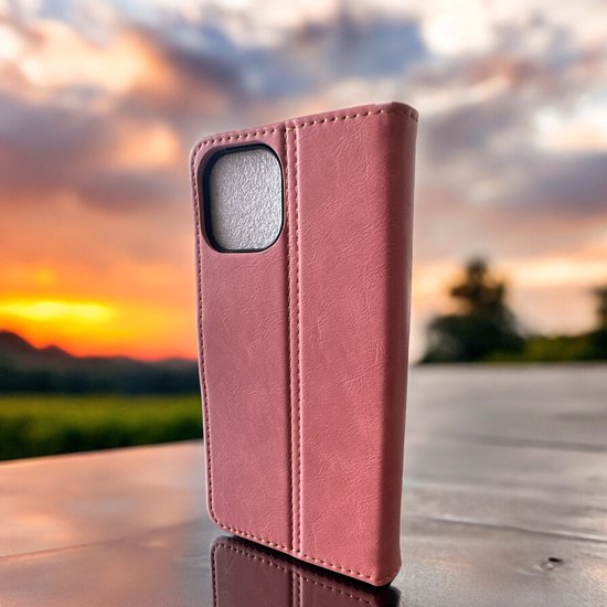 Elite Bookcase Adapté pour : Coque iPhone 15 - Porte-cartes - Portefeuille - Simili cuir - Rose