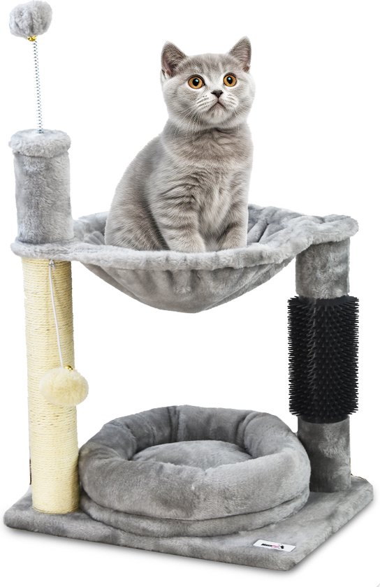 Foto: Maxxpet krabpaal kattenspeeltuig krabton kattenkrabpaal 2 verdiepingen kussen hangmat met extra speeltjes 40x30x64cm grijs