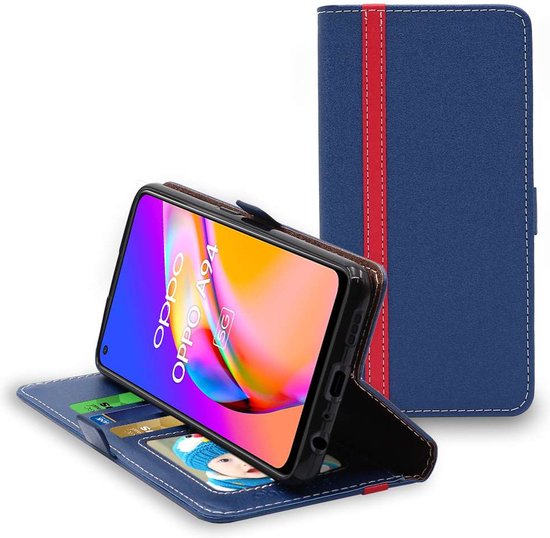 ebestStar - Coque compatible avec Oppo A94 5G, Etui Portefeuille, Housse Pochette Protection PU Cuir, Porte Carte, Bleu Foncé / Rouge