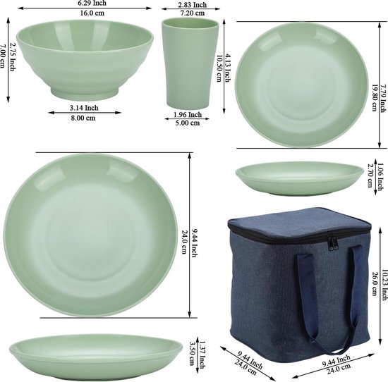 Kunststof servies 32-delig servies voor 8 personen, Herbruikbare Lichtgewicht Mokken, Kommen, Schotels voor Camping Picknicks en Dagelijks Gebruik, Vaatwasmachinebestendig, Lichtgroen van HENOH. — afbeelding 3